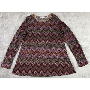 Rebecca Malone Women's XL Knit Blouse Zig Zag Pink Red Brown‎ Boho Colorful